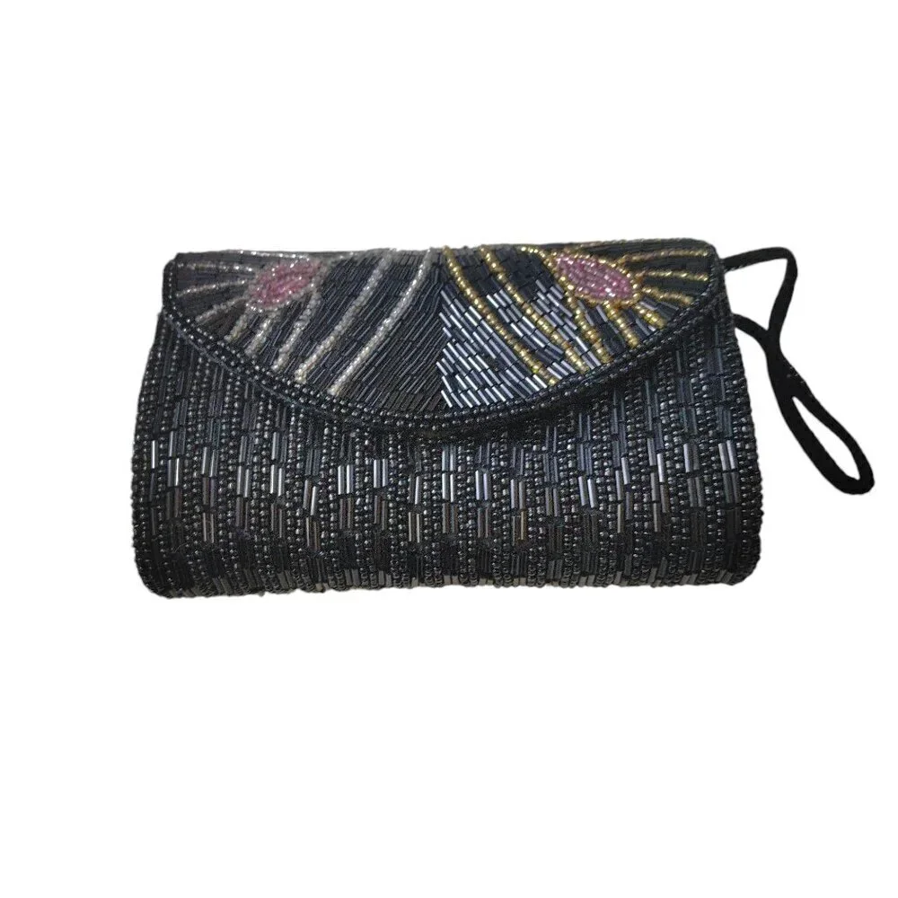 Vintage Black Beaded Wristlet Clutch Purse Retro Glam Party Black Tie Event